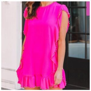 BLUSHING BRUNETTE WOMEN MINI DRESS W/CASCADING RUFFLES 
SILVER BEAD ACCENT PIK M